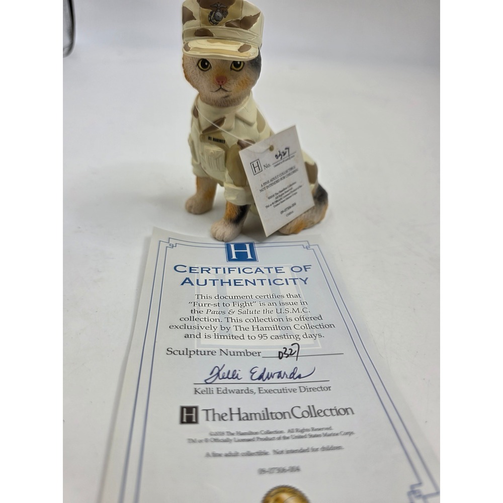 Hamilton Collection Furr-st to Fight USMC Marine Cat Figurine Paws Salute COA C4